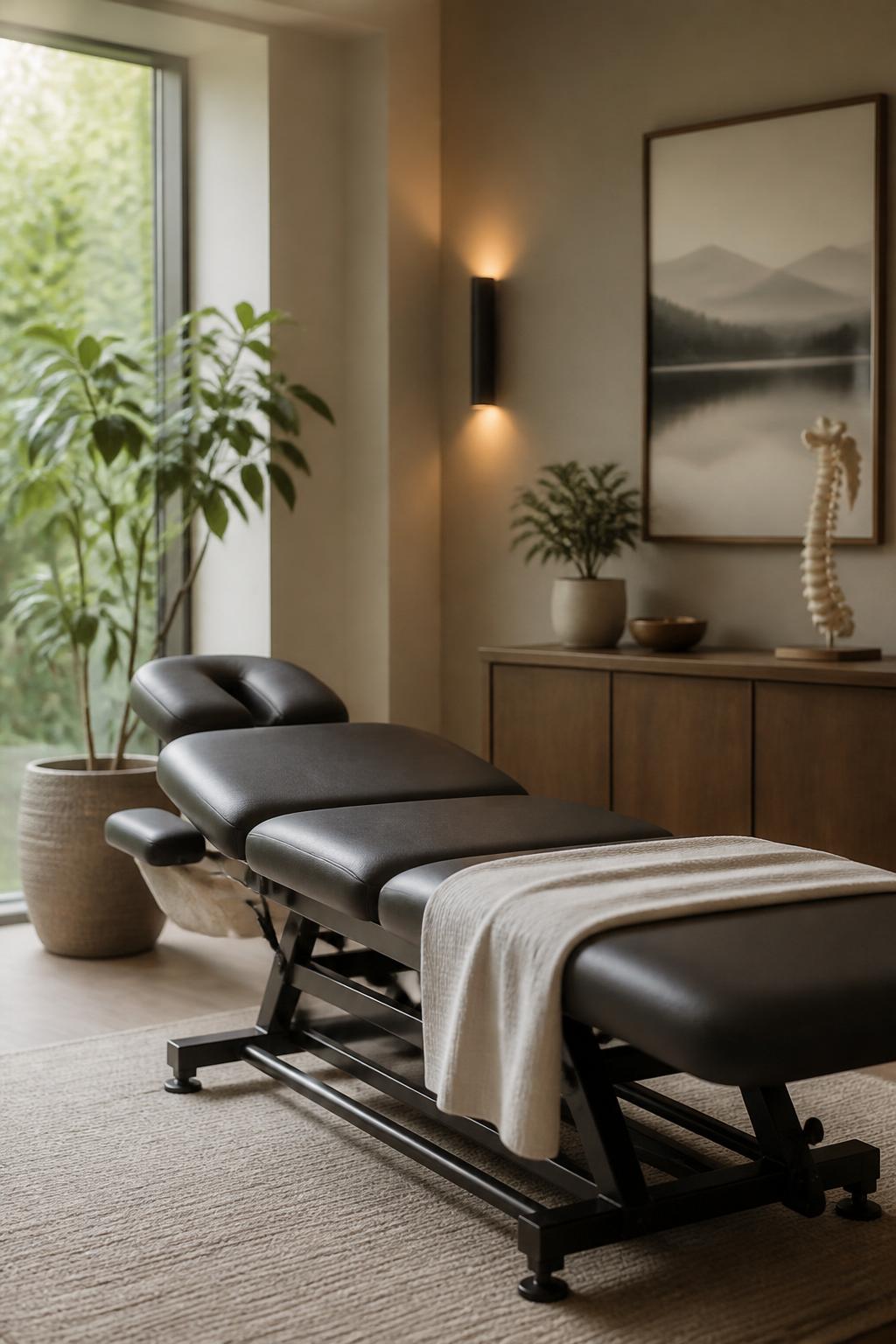 Inviting chiropractic treatment room with a neatly prepared therapy table.