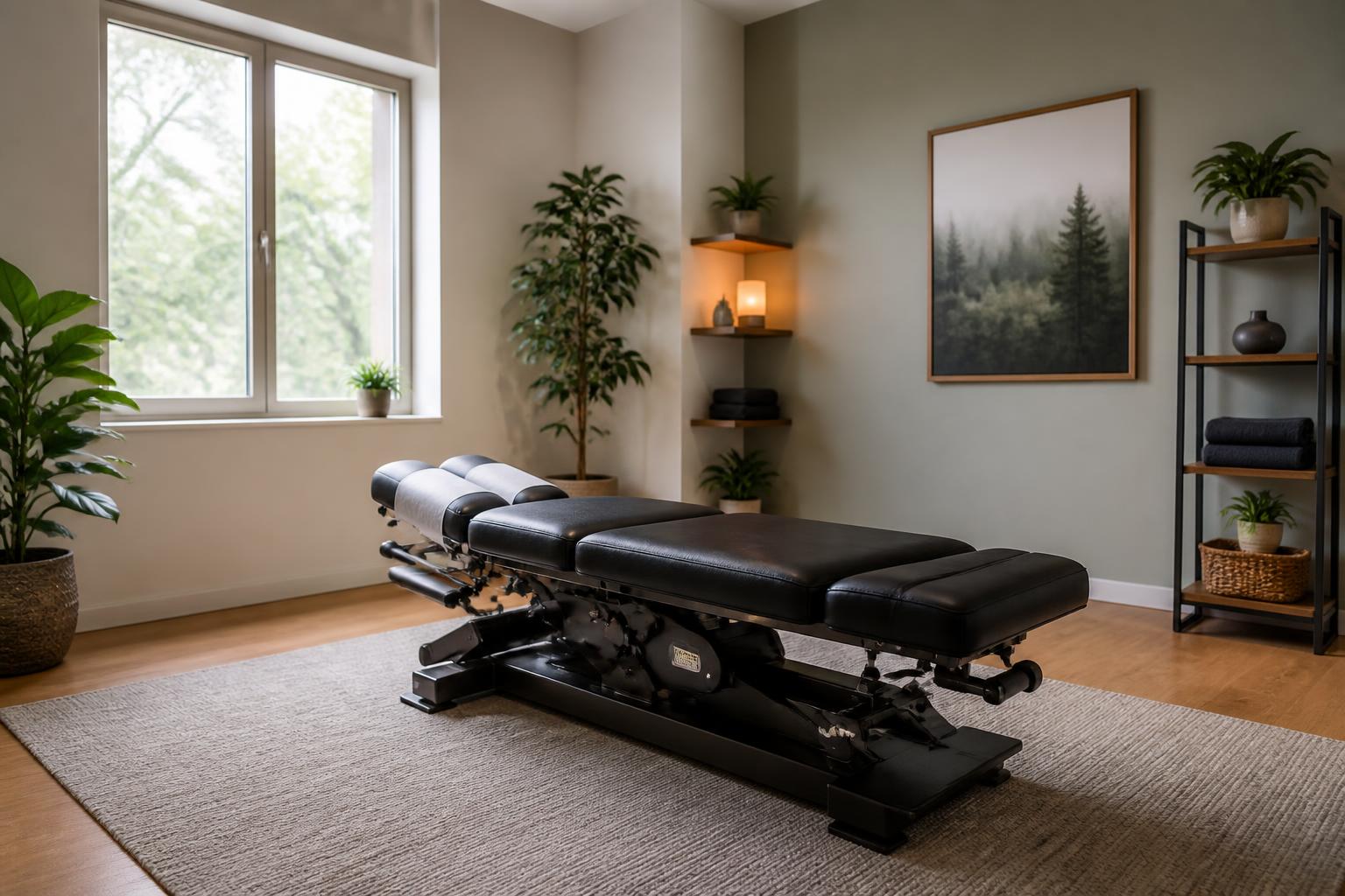 Modern chiropractic clinic with a clean adjustment table and soft natural light.