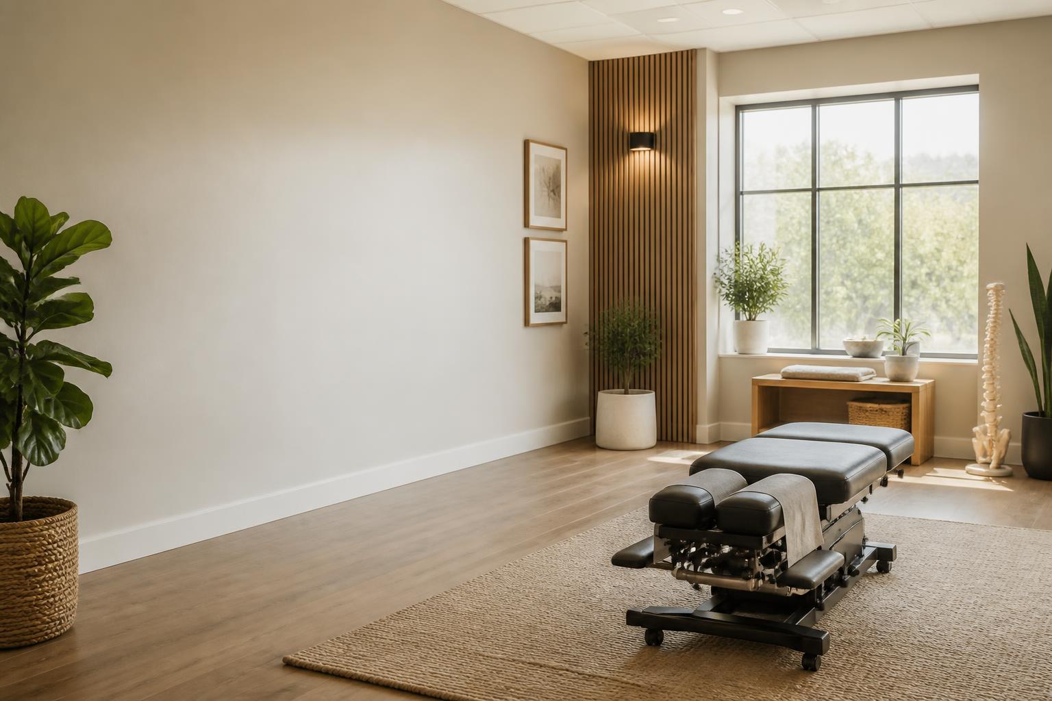 Welcoming chiropractic reception and treatment space with open negative space.